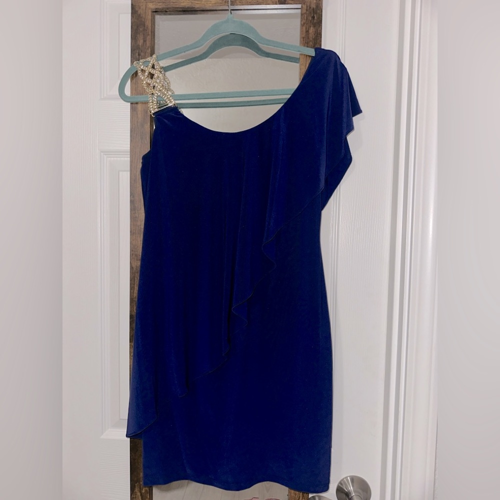 Royal blue, mini formal dress with faux diamond shoulder strap on one side